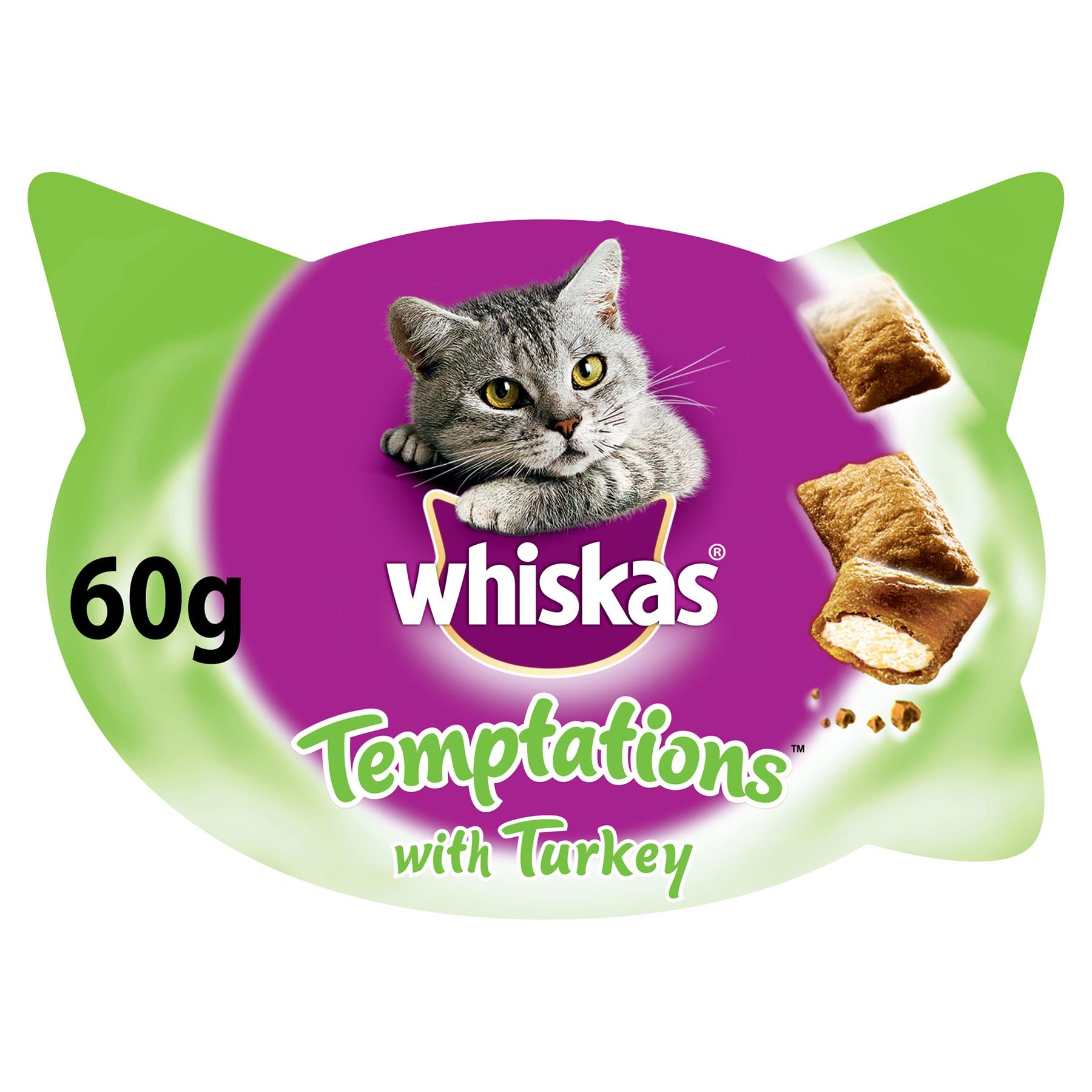 8 x 60g Whiskas Temptations Adult Cat Treats with Turkey Cat Biscuits