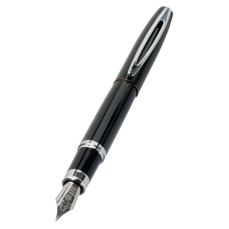 WHSmith Black Lacquered Fountain Pen Blue Ink With Chrome Trim & Medium