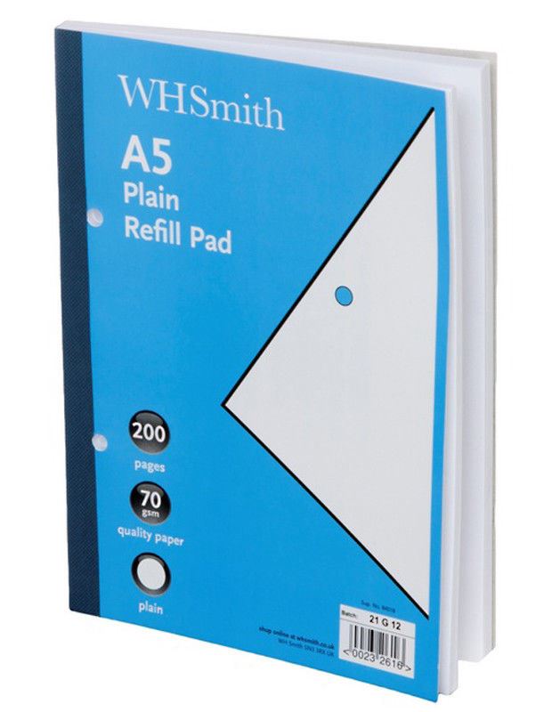 10 x WHSmith White A5 Plain Refill Pad 200 Pages of 70gsm Paper White
