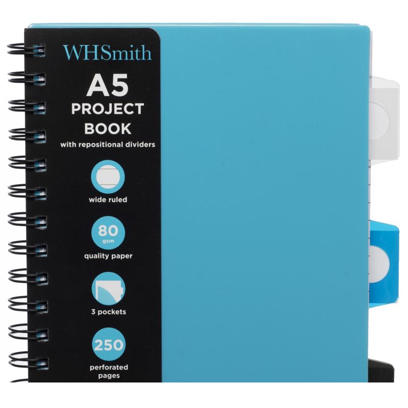 WHSmith Blue A5 Wide Ruled Project Notebook 250 White Pages Wiro Bound