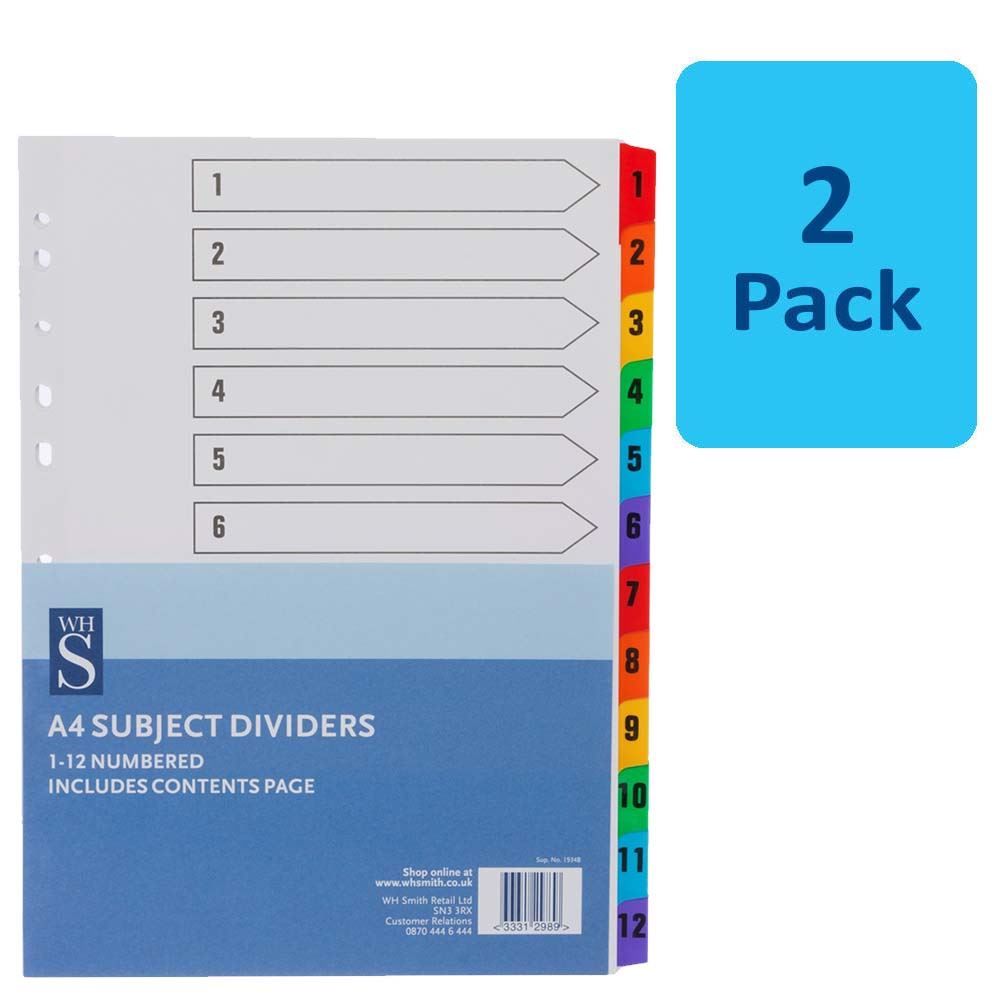 WHSmith 112 Numbered A4 Card Subject Dividers Includes Contents Page