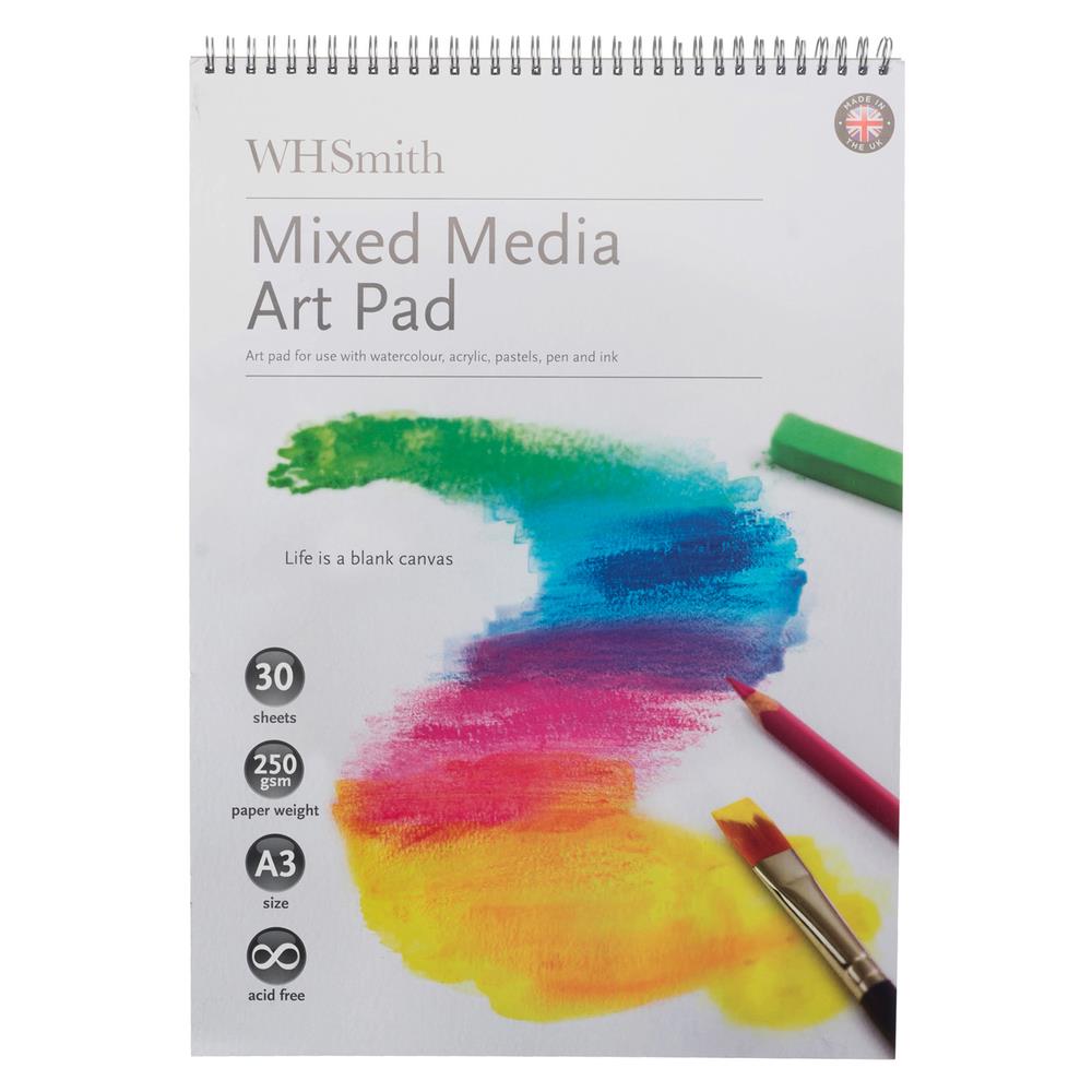 WHSmith A3 Mixed Media Art Pad Wiro Bound 30 Sheets White Textured
