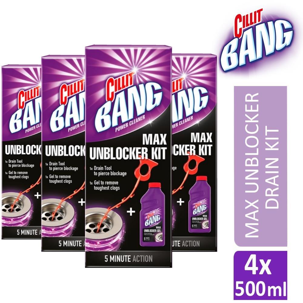 4 x Cillit Bang Power Cleaner Drain Kit Max Unblocker 500ml & Piercing