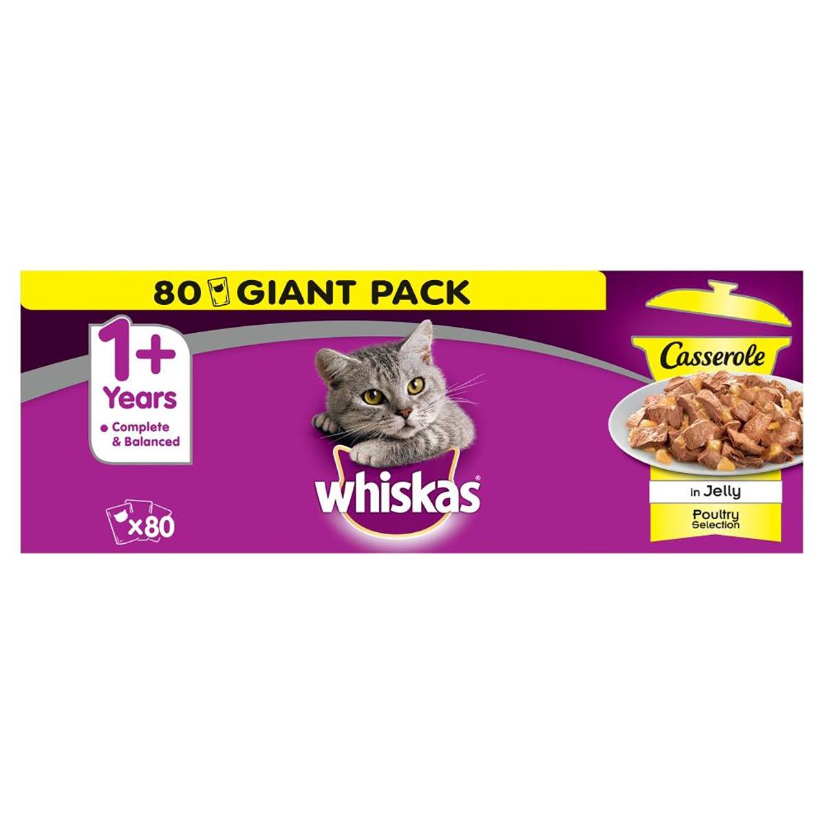 80 x 85g Whiskas Casserole 1+ Adult Wet Cat Food Pouches Poultry in