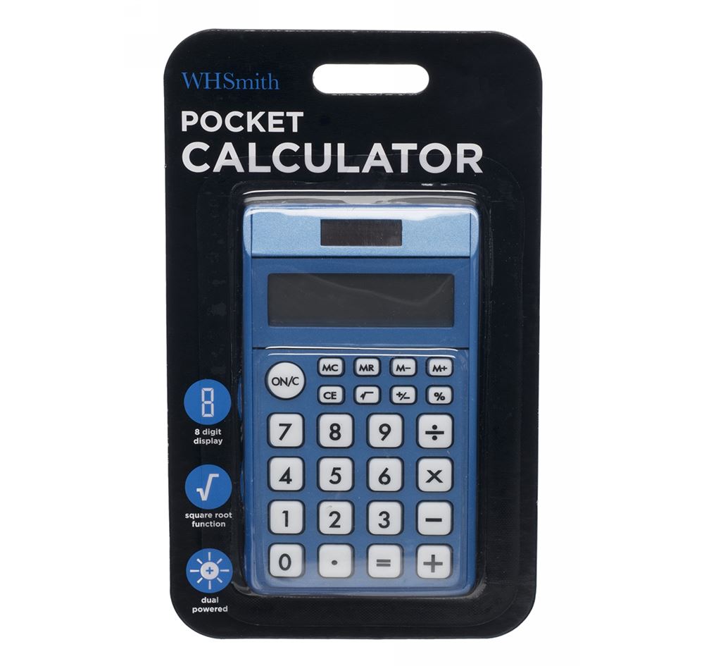 WHSmith Blue Pocket Calculator With Four Function Memory In Dual Power