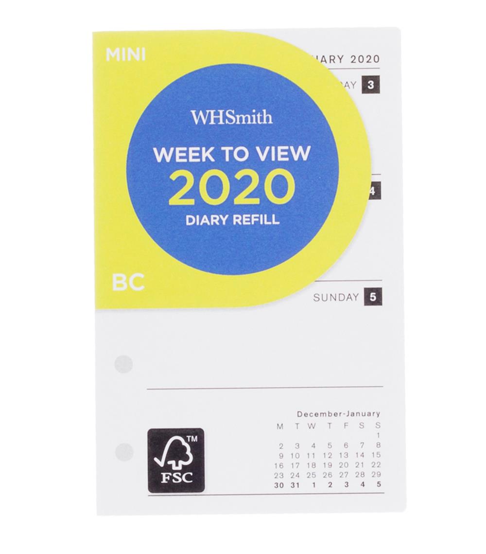 WHSmith 2020 Mini Diary Refill Week to View With Holidays & Notable