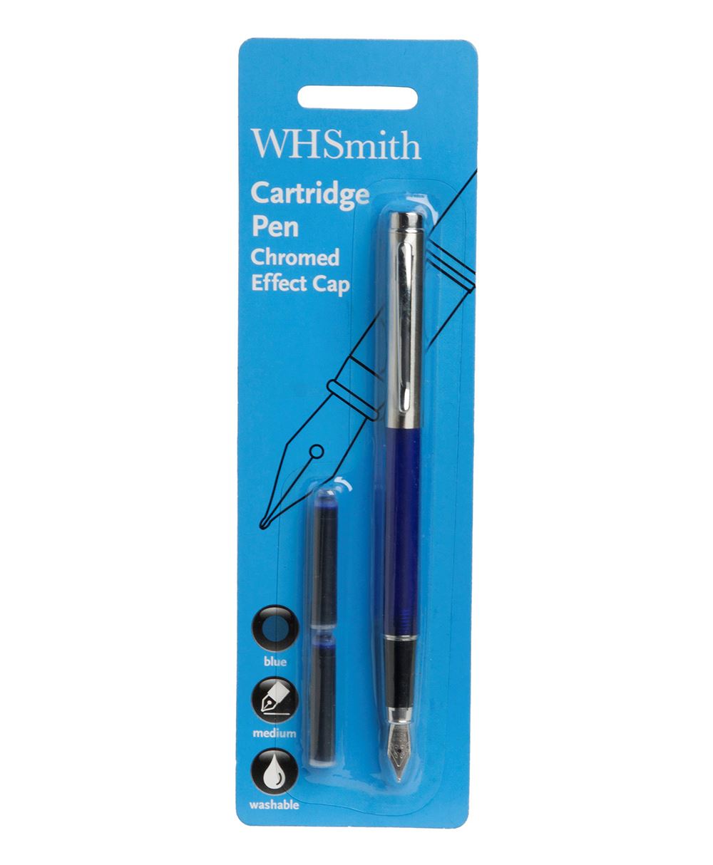 WHSmith Fountain Pen with Chrome Trim Medium Nib Blue Ink Stainless