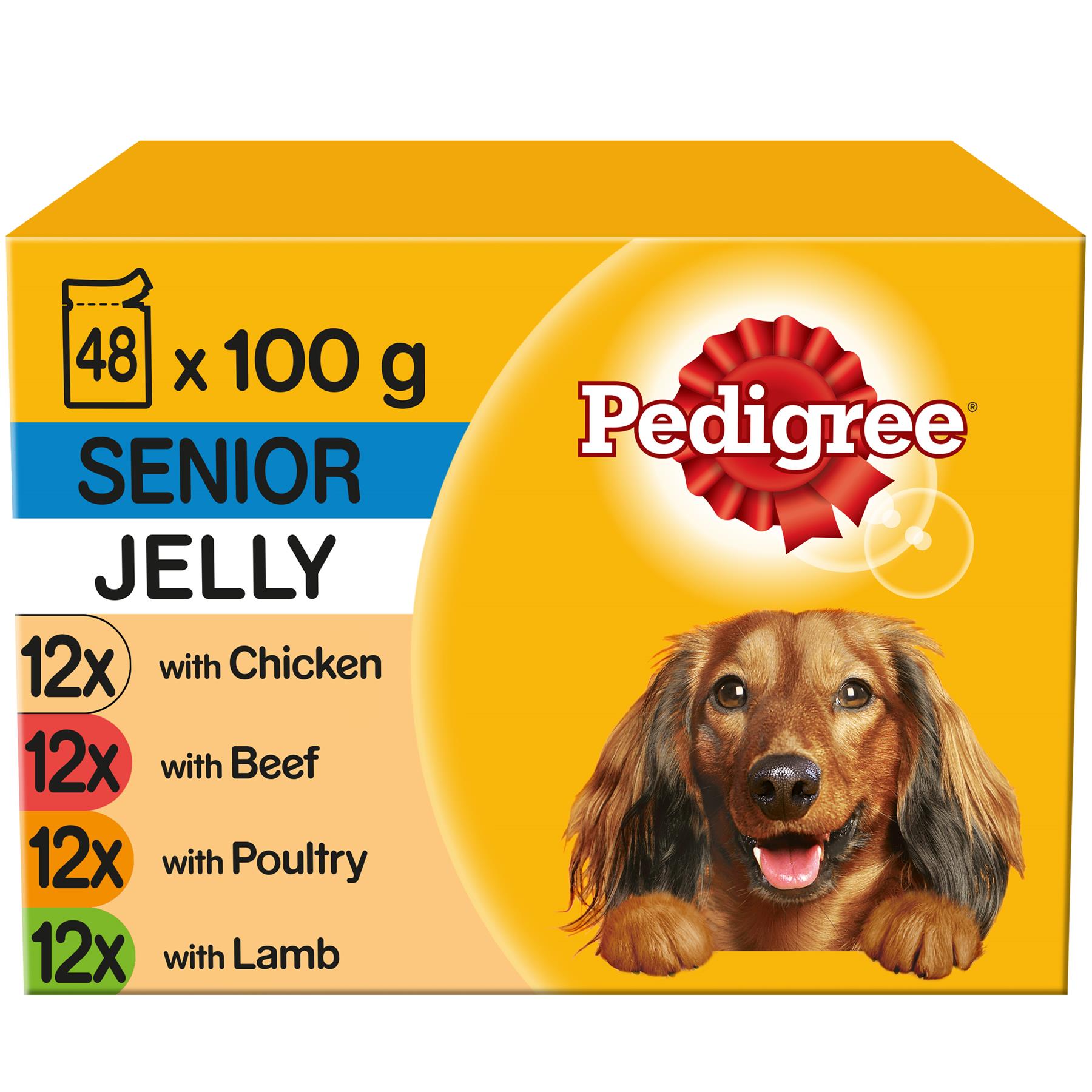 48 x 100g Pedigree Senior Wet Dog Food Pouches Mixed Selection In Jelly