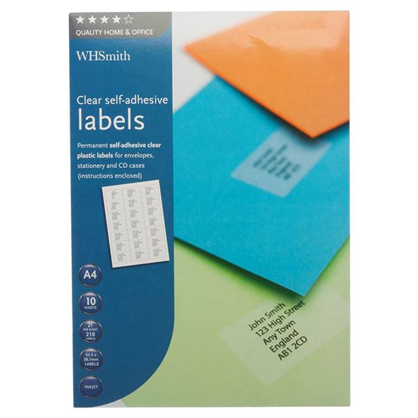 WHSmith Clear Permanent SelfAdhesive Plastic Labels 10 A4 Sheets Pack