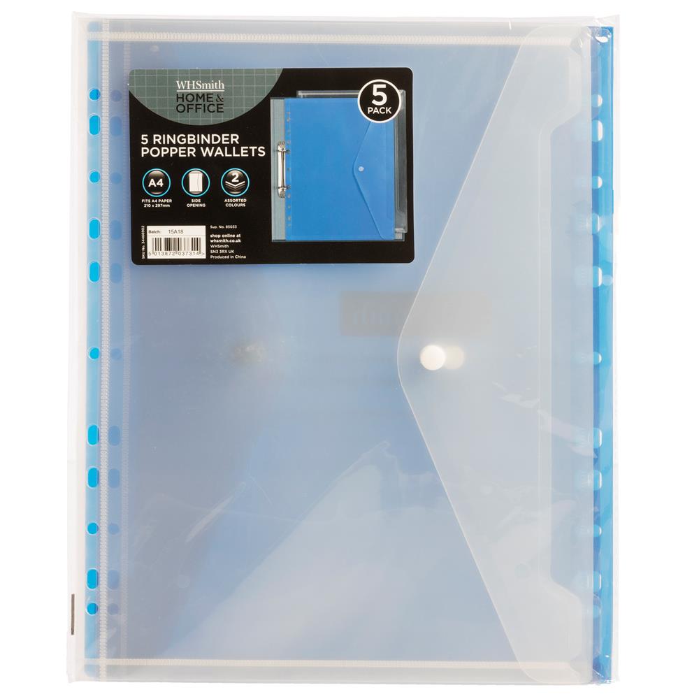 WHSmith Assorted Colours Ringbinder A4 Plastic Popper Wallets (Pack of