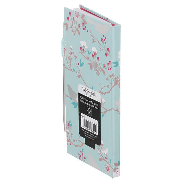 WHSmith Slim Week To View WTV 2021 Embossed Floral Raspberry Diary With Pen