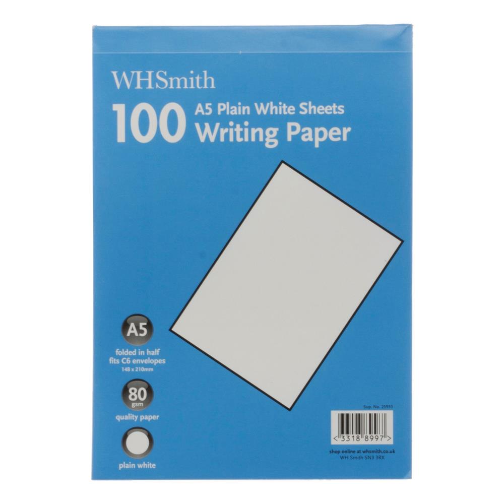 WHSmith A5 Plain White Writing Paper Pad 100 Sheets 80gsm Paper Lined