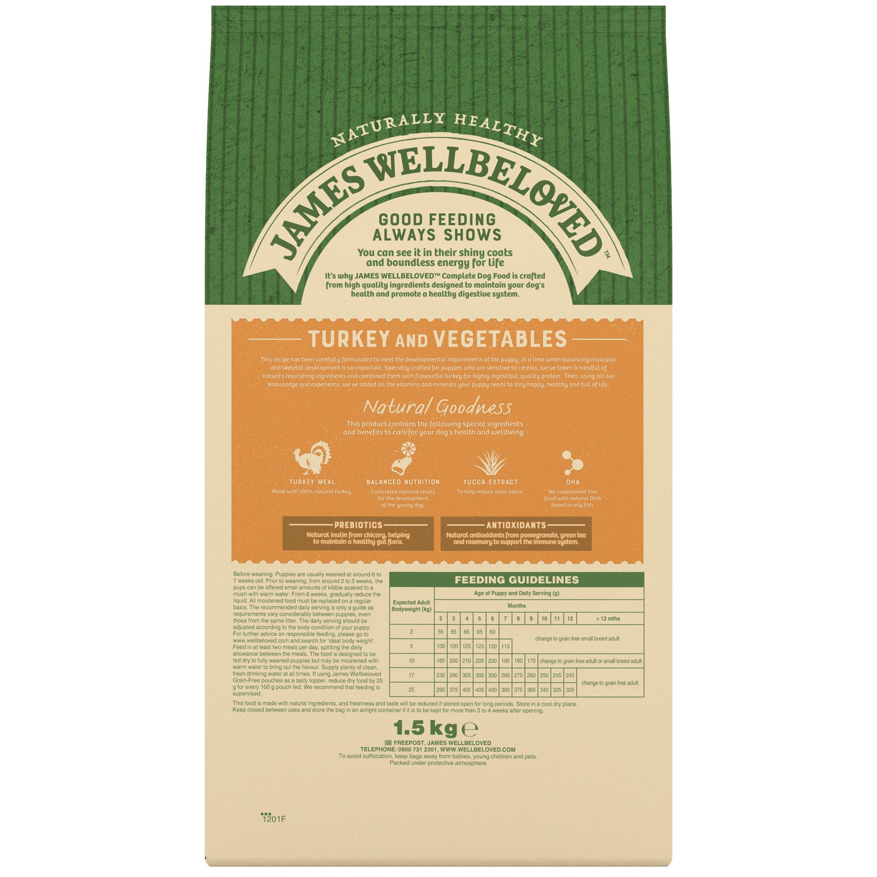 1.5kg James Wellbeloved Puppy/Junior Dry Dog Food Grain Free Turkey