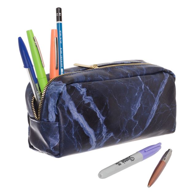WHSmith Blue Marble Effect Design Chunky Pencil Case With Gold Zip