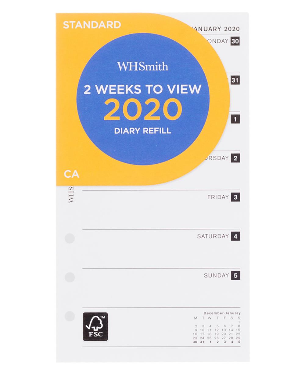 WHSmith 2020 Standard Diary Refill 2 Weeks to View With Holidays