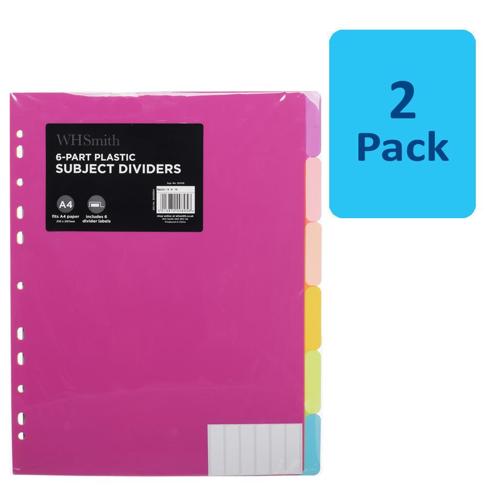 2 x WHSmith Bright Plastic 6 Part A4 Plastic Subject Dividers With Slim