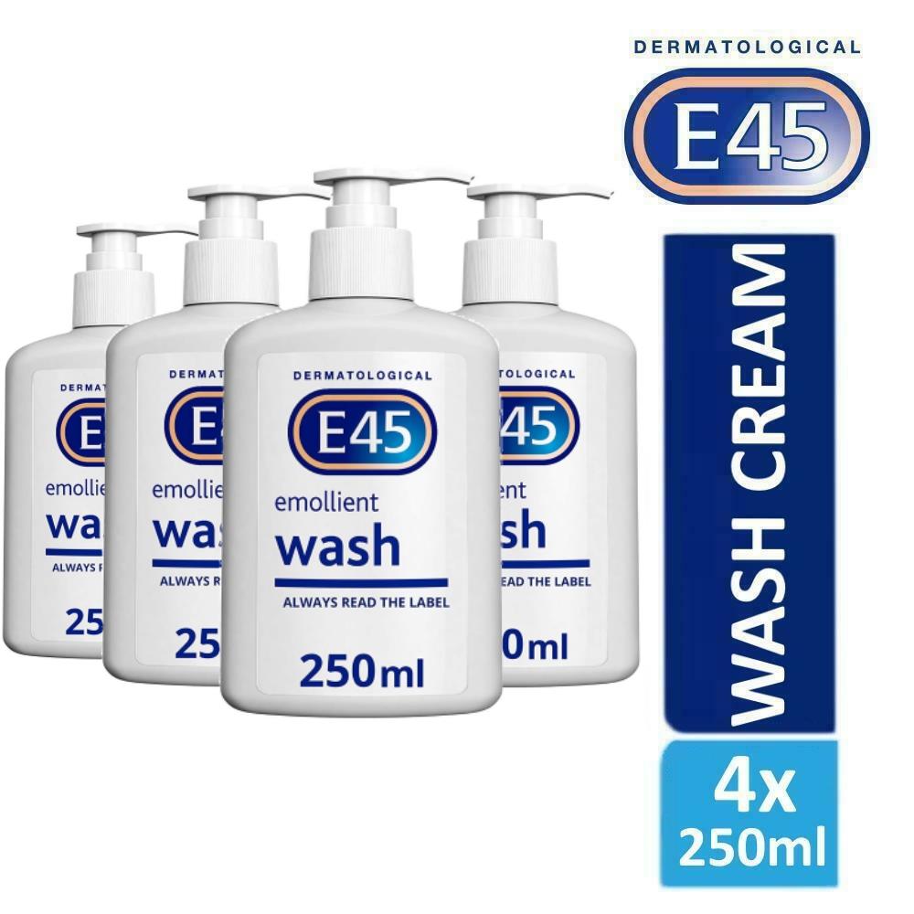4 x E45 Dermatological Emollient Wash Cream 250ml Soap Free