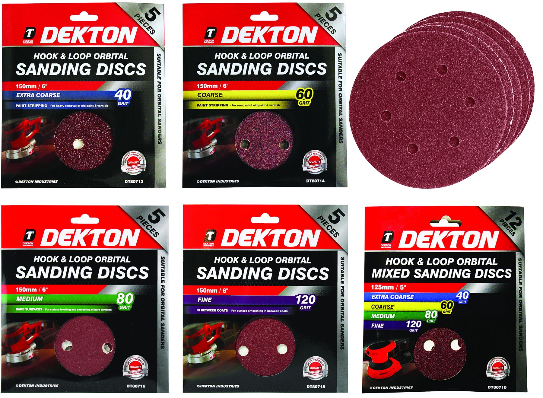 Dekton Packs of 150mm Orbital Sanding Sheet Discs Pads 40, 60, 80 Or