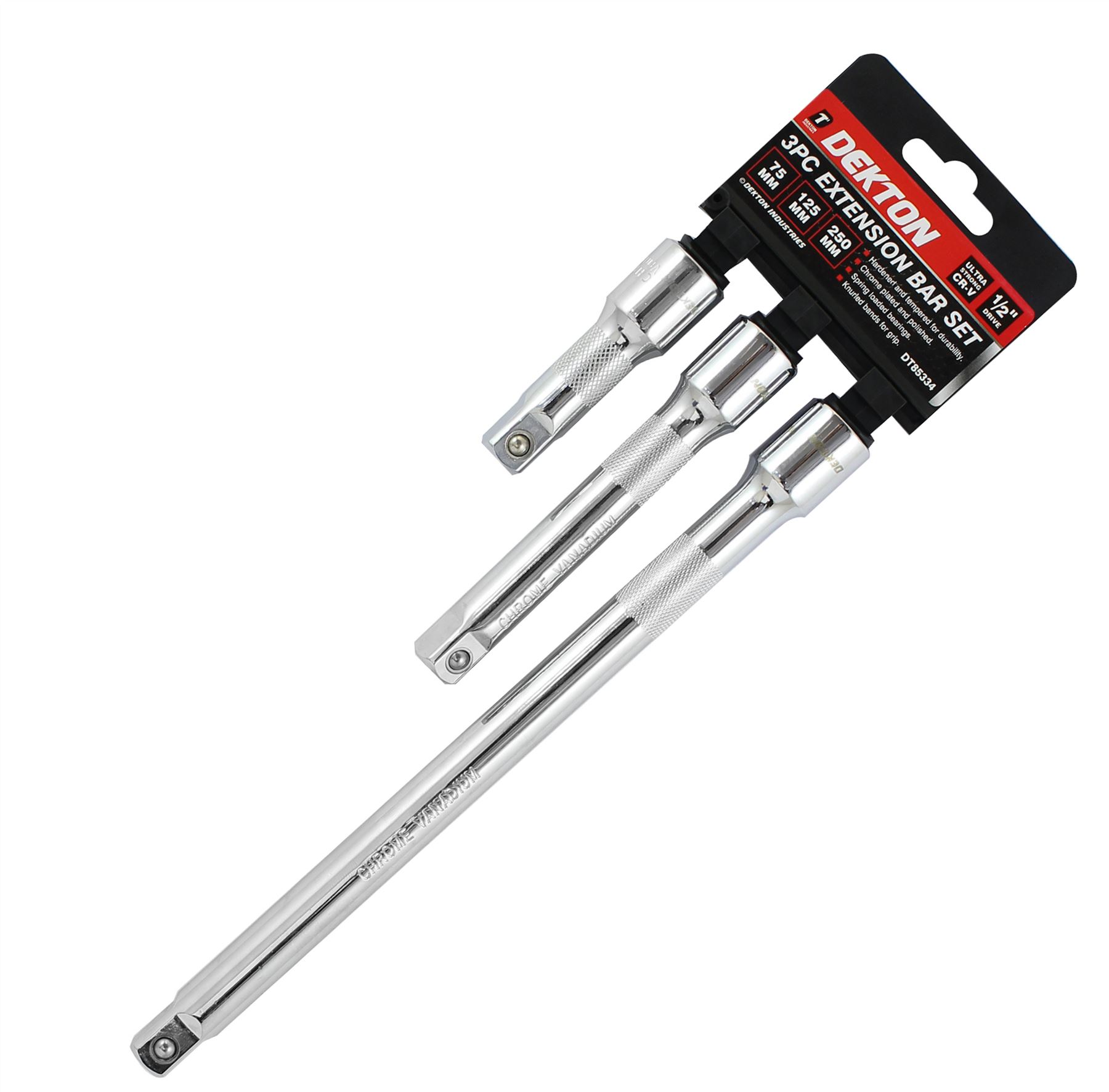3pc Socket Extension Bar Set 1/2 Ratchet Drive 75, 125 & 250mm Long