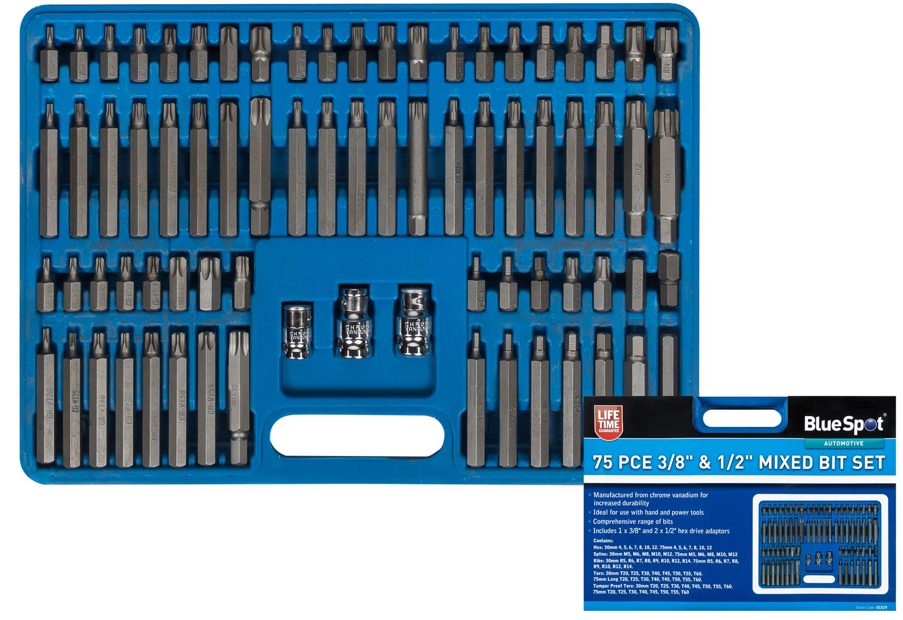 T55 Bluespot Torx Star Keys Set 15pc 1//2/" Drive Wrench Key Socket Bit Set T20