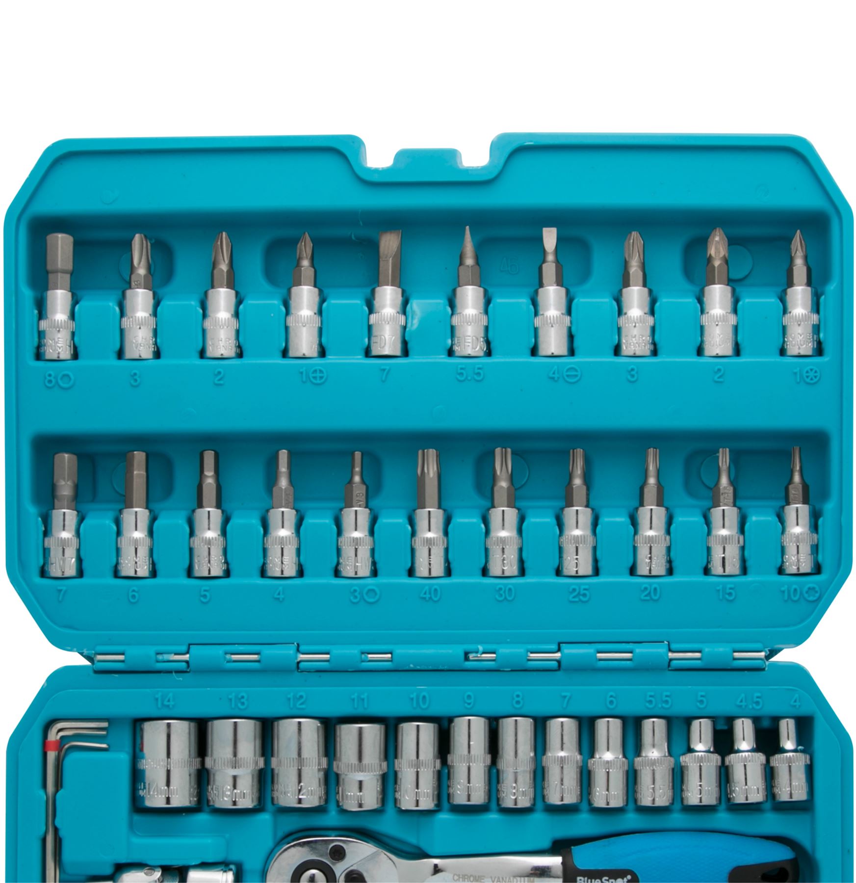 BlueSpot 46 Pc Metric Socket 1/4" Drive Ratchet Bit Set Torx Philips