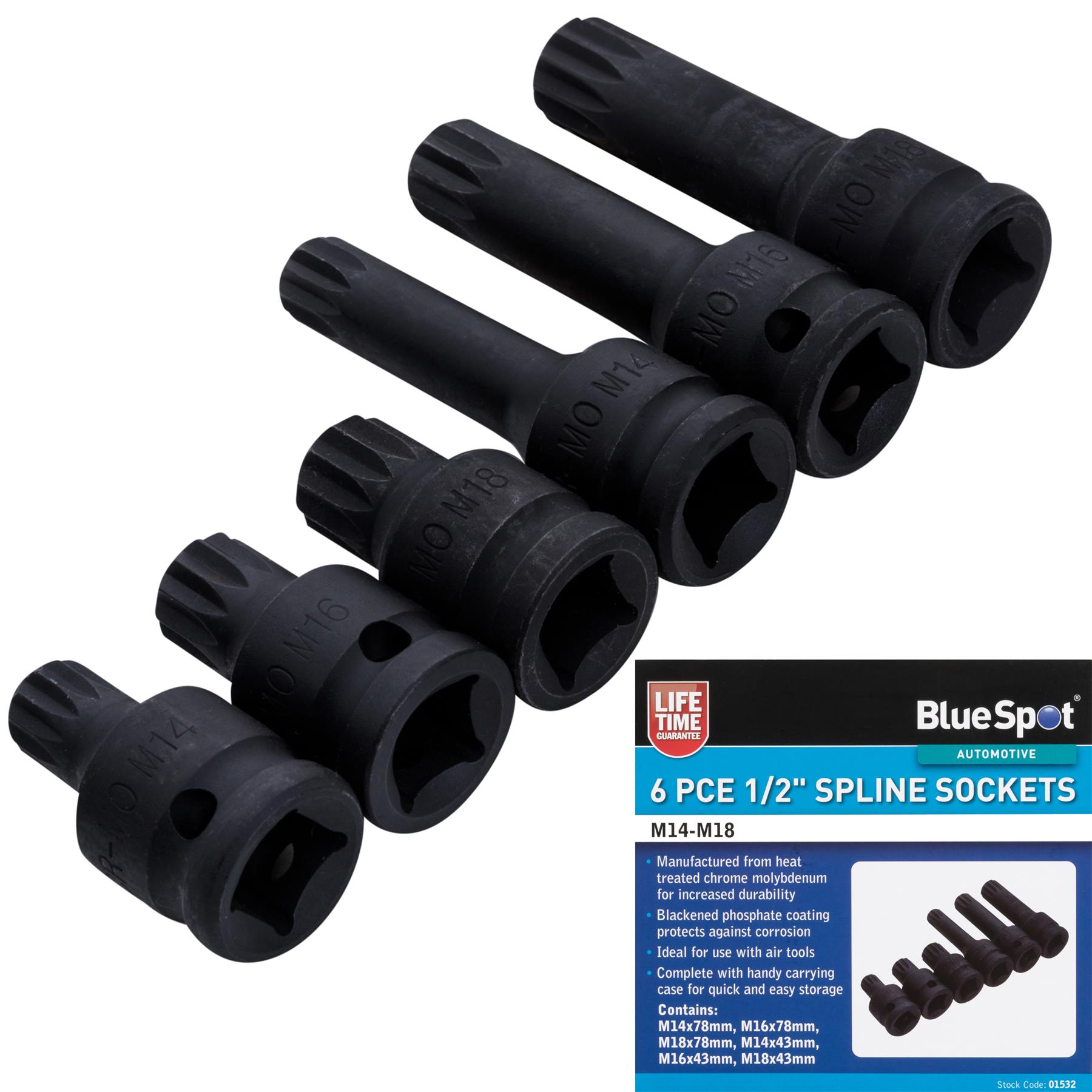 Bluespot 6pc Impact Spline Sockets Bit Set M14 M16 M18 Deep Shallow 1/2
