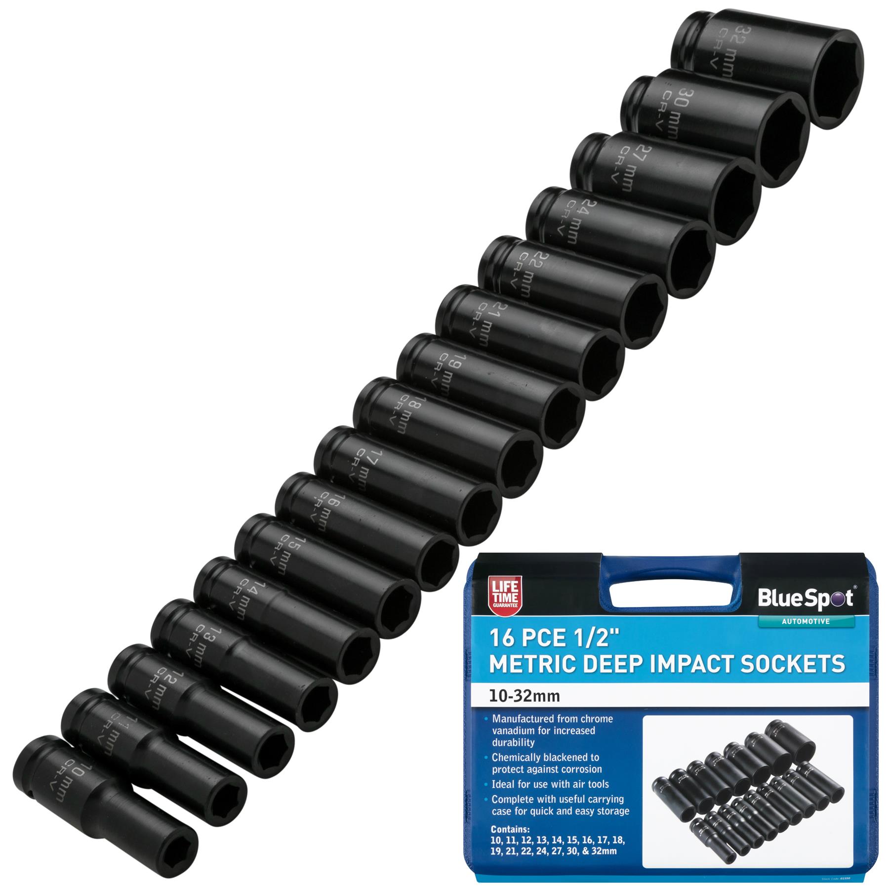 BlueSpot 16pc Deep Impact Socket Set 10mm 32mm 1/2" Drive Metric 6pt