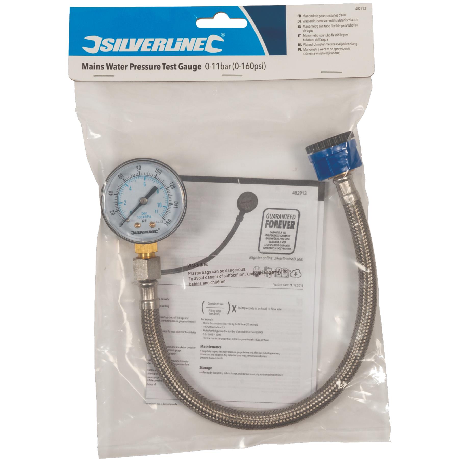 Silverline Mains Water Pressure Test Gauge Plumbing Measuring 0 11bar 0