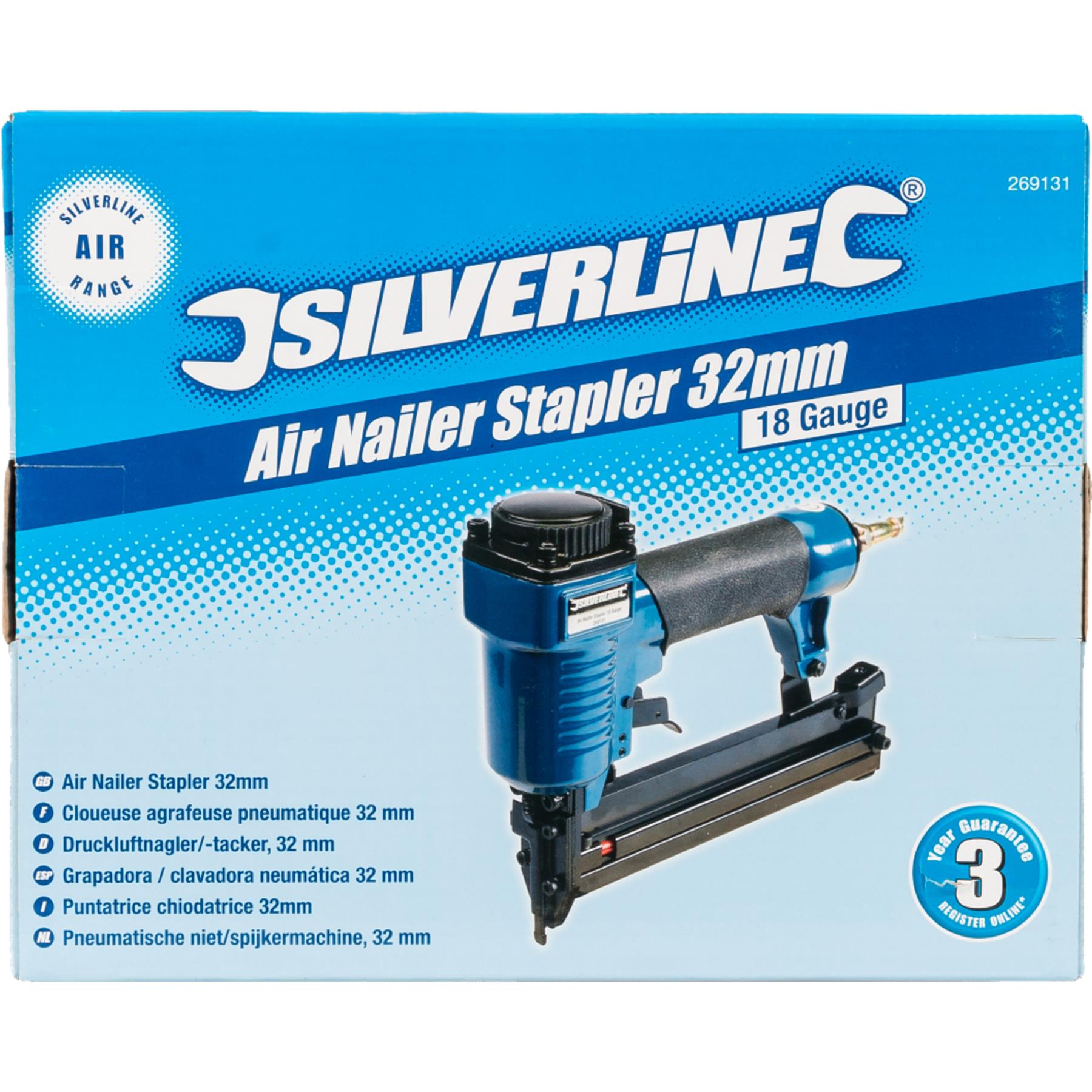 Silverline 32mm Aluminium Air Nailer Stapler Upholstery 18 Gauge Tacker