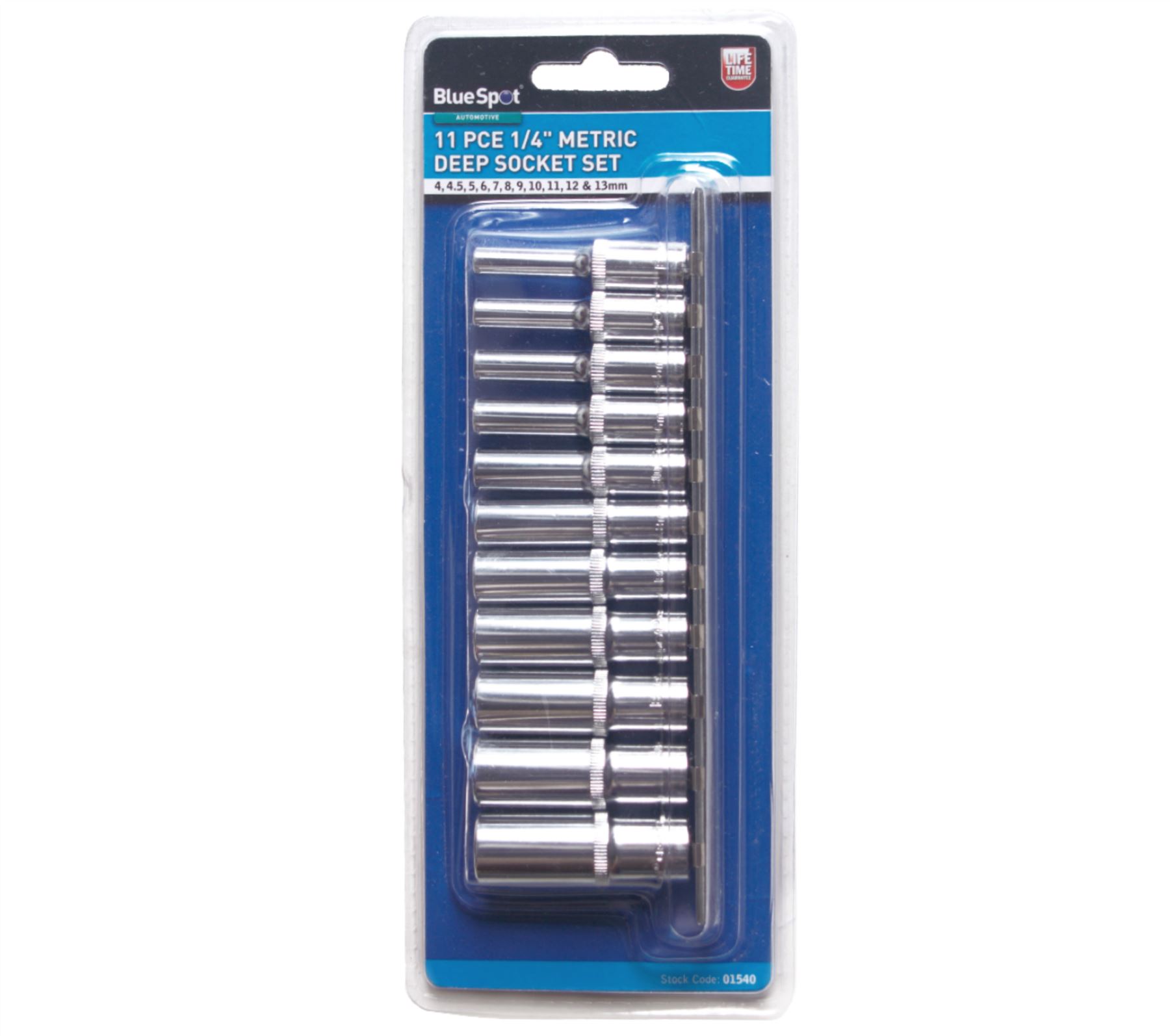 BlueSpot Metric Deep Socket Set/ Long Reach Sockets On Rail 1/4" Drive