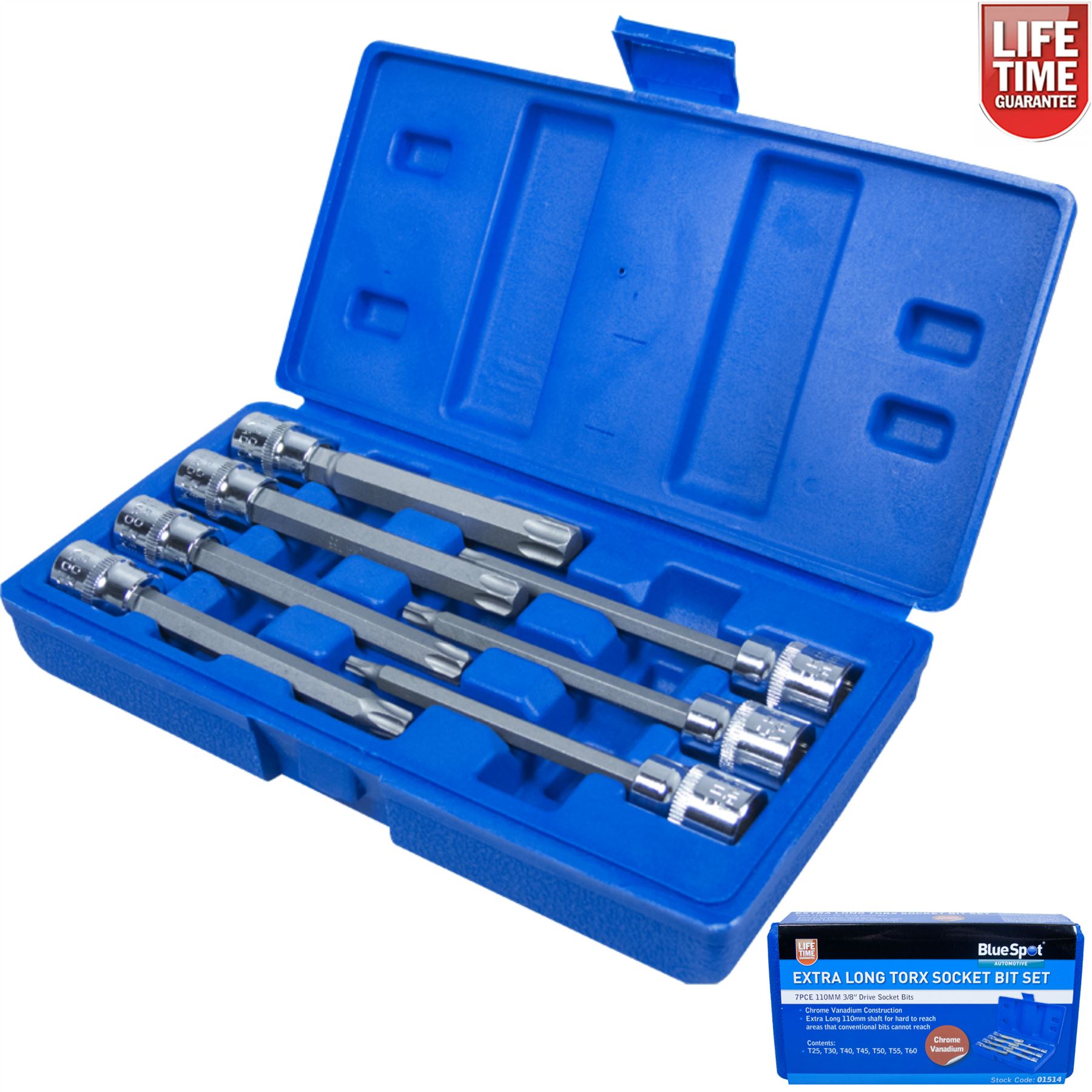Extra Long Reach Torx Star Socket Set Key 7 Pc 3/8 Inch Drive Blue Spot