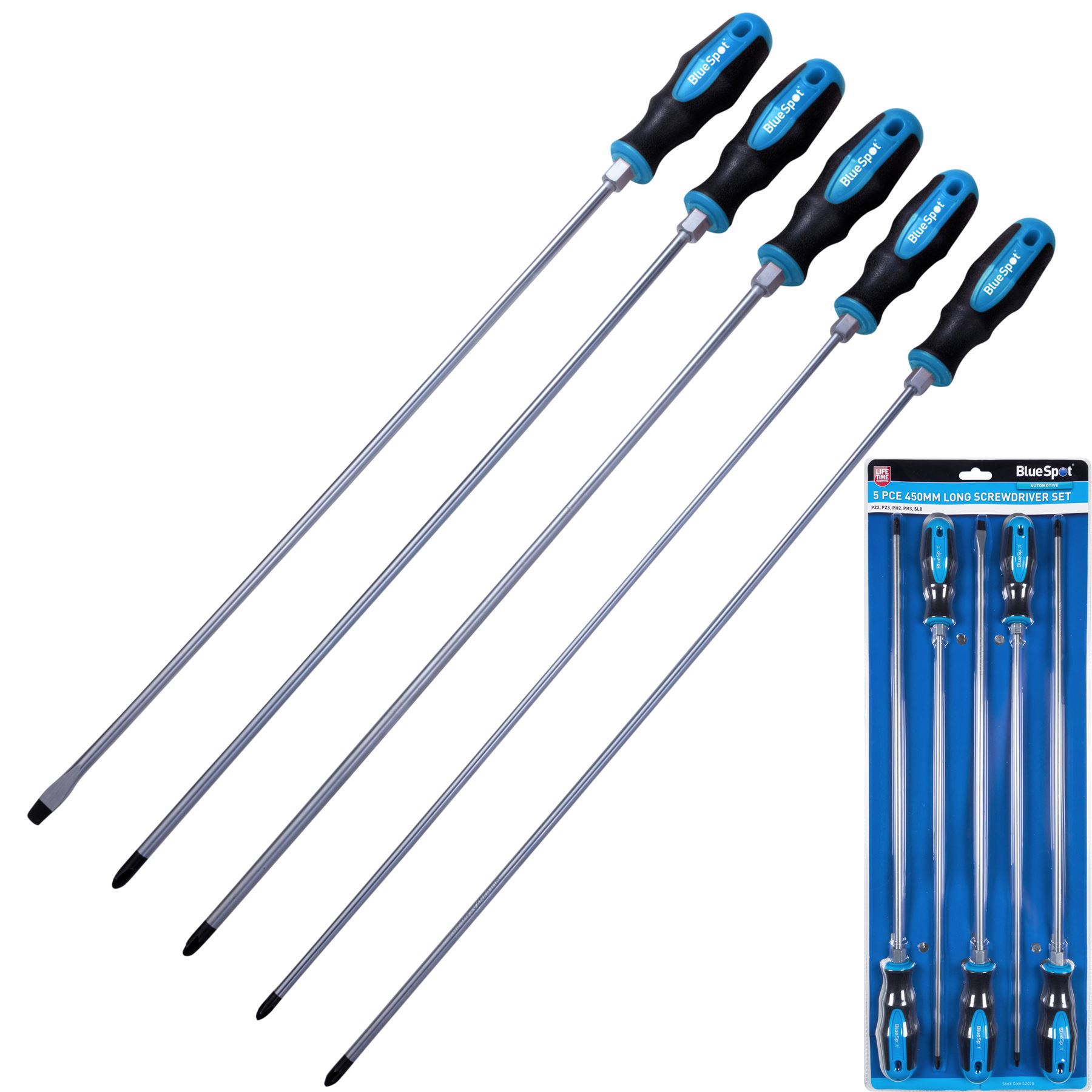 BlueSpot 5pc Extra Long Reach Screwdriver Set Phillips Flat