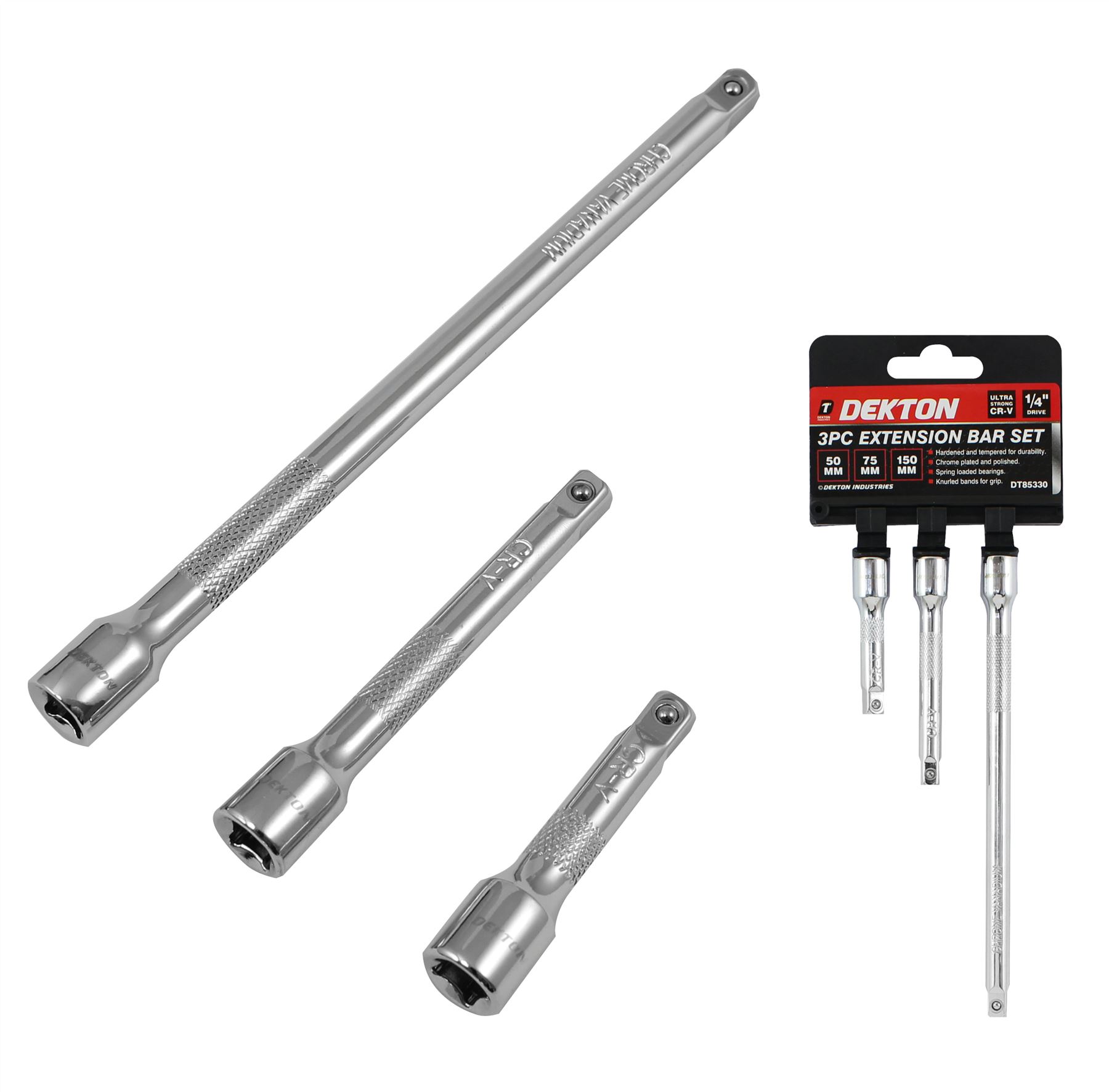 Dekton 3pc Socket Extension Bar Set 1/4 Ratchet Drive 50, 75 & 150mm