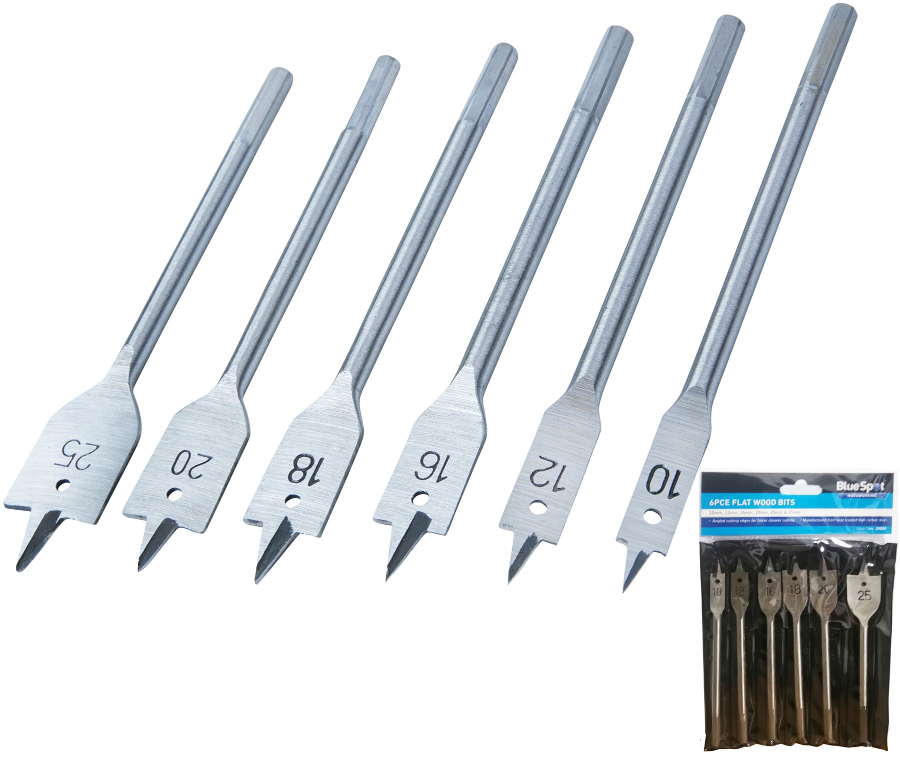 BlueSpot Flat Spade Wood Hole Saw Drill Bit Set 10mm 12mm 16mm 18mm