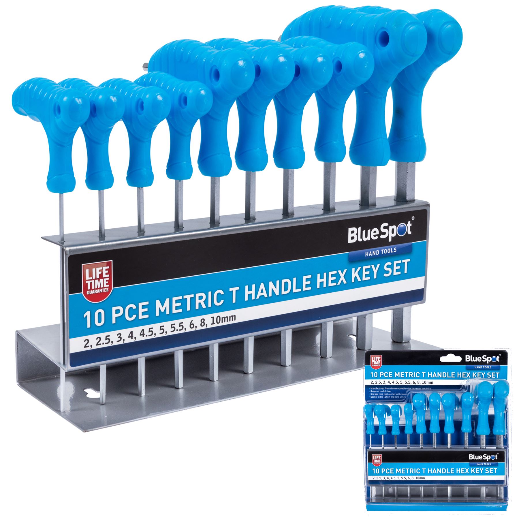 Bluespot 10pc Long Metric Hex Allen Key Set 2mm 10mm T Handle Double