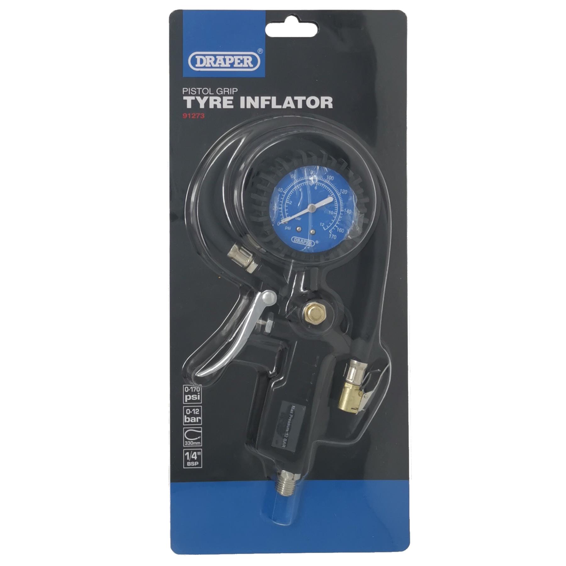 Draper Black Air Line Tyre Pump Inflator Pressure Gauge Compressor 1/4