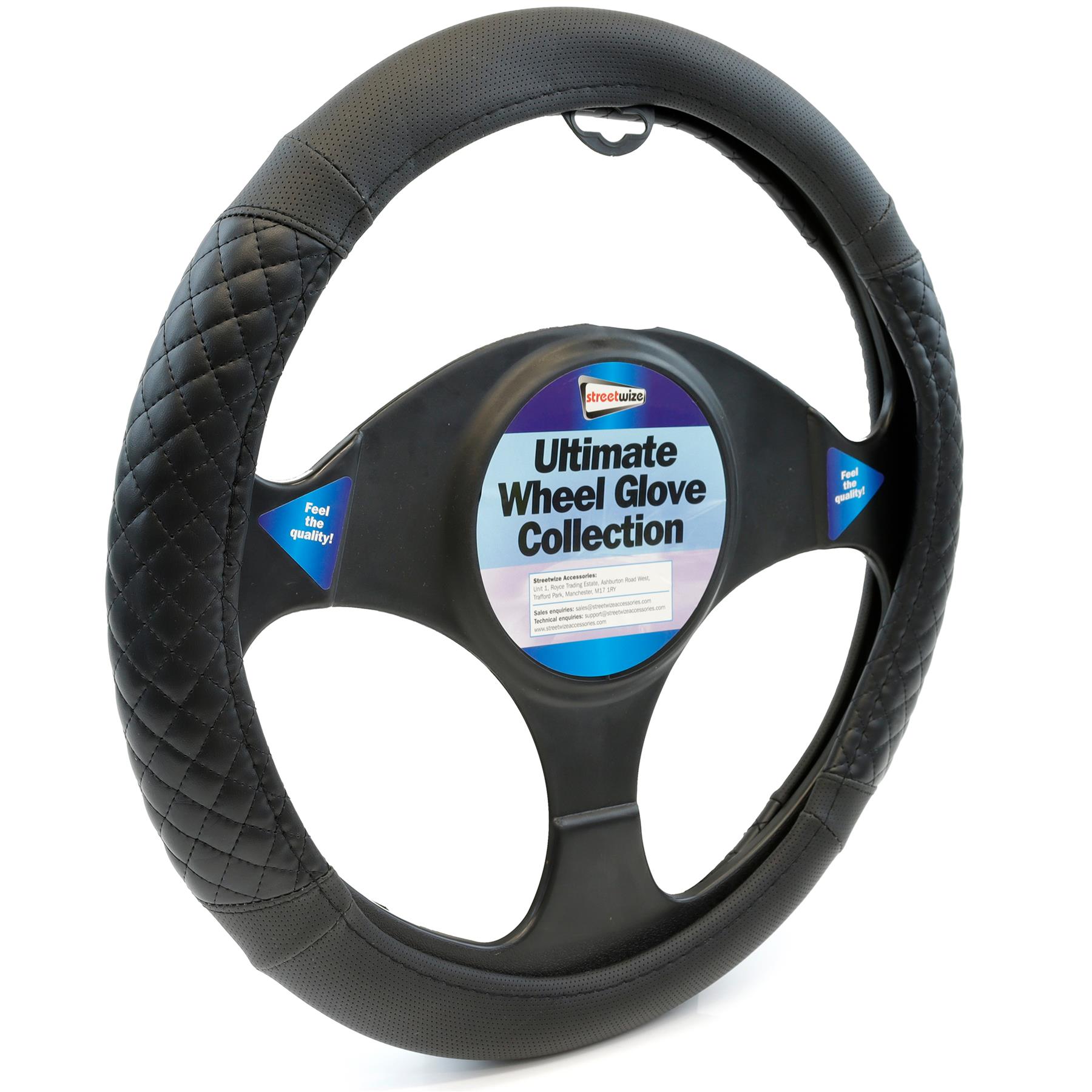 Black Diamond Quilted Steering Wheel Cover Leather Look Universal 3739cm