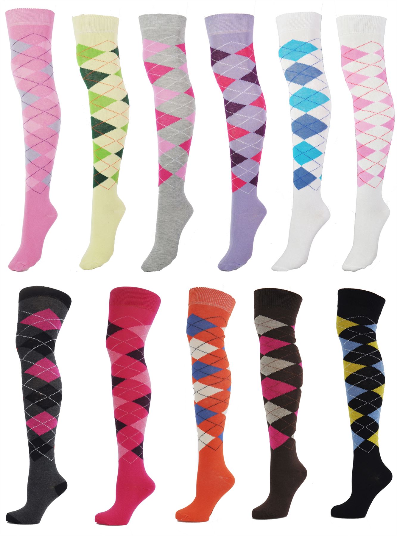 Quality Womens Over the knee Thigh High Argyle Diamond Girls Socks Size 4-8 UK