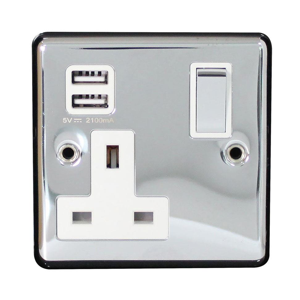 Single Socket With 2 USB Black Nickel Plug 13A 1 Gang Stainless Steel Chrome - Picture 3 of 6