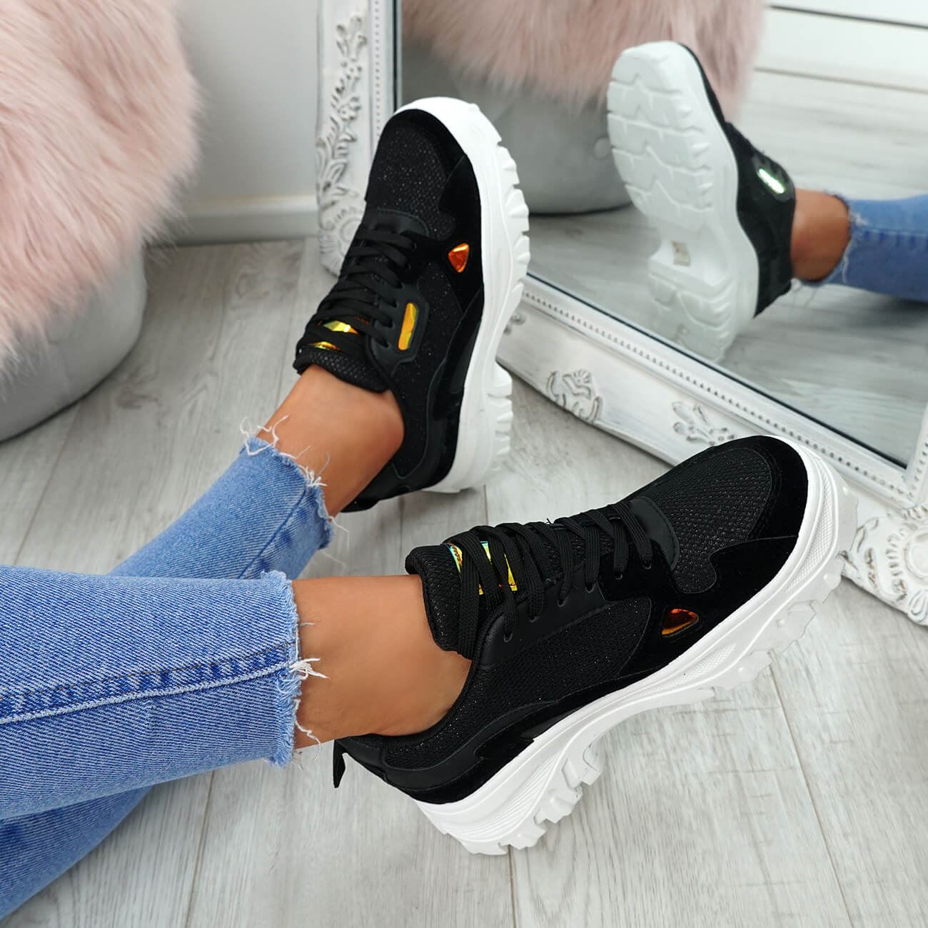 WOMENS LADIES LACE UP CHUNKY TRAINERS SNEAKERS PLIMSOLLS FASHION SHOES SIZE