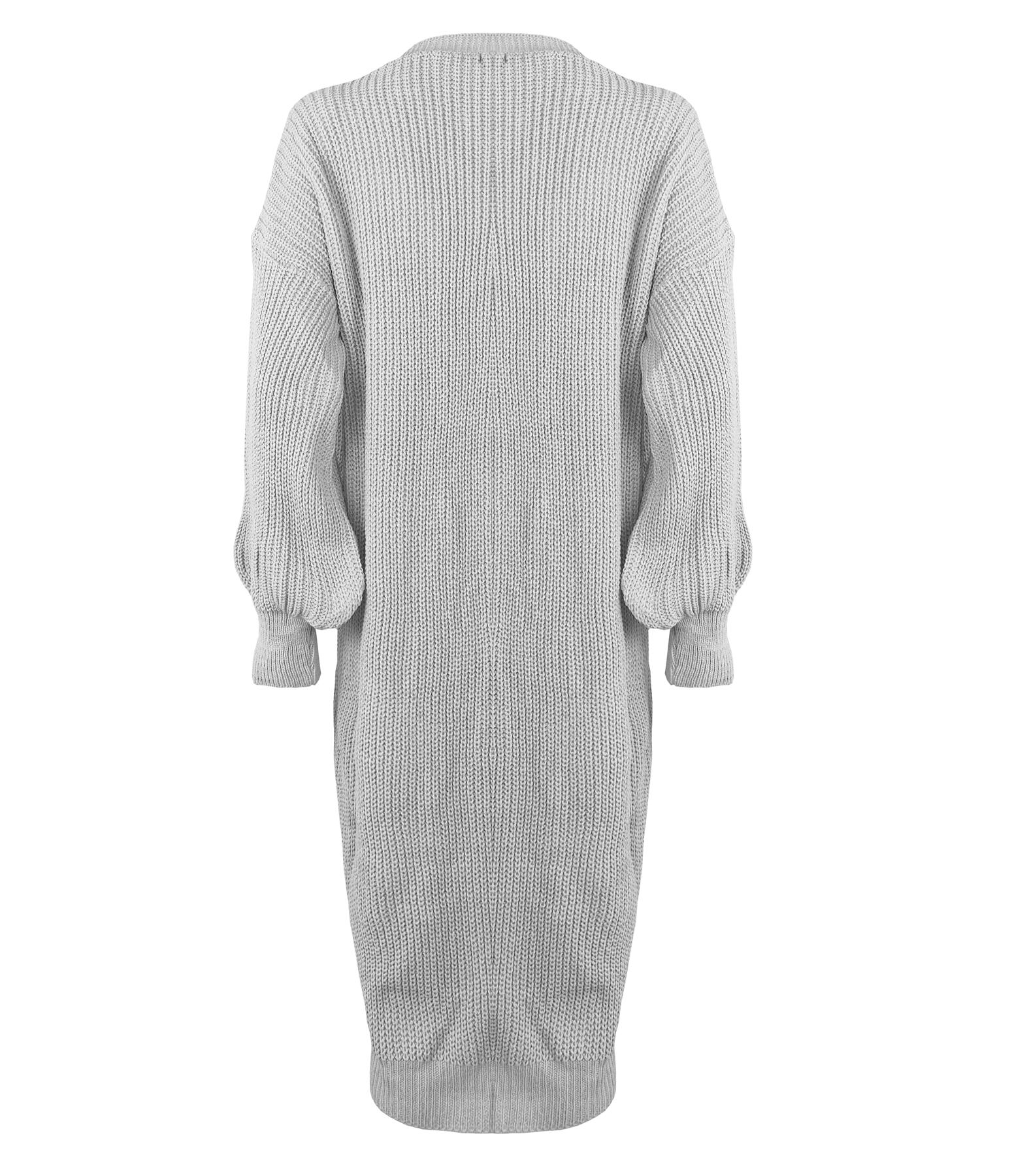 Ladies Women Knitted Balloon Sleeve Boyfriend Open Front Long Cardigan Dress Top - Picture 20 of 23