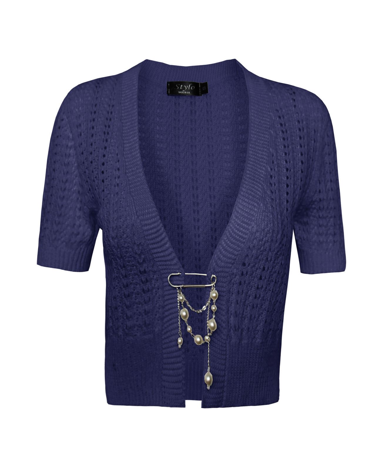 Ladies Womens knitted Short Sleeves Brooched CARDIGAN New Shrug Crop TOP 8-16 - Picture 11 of 22