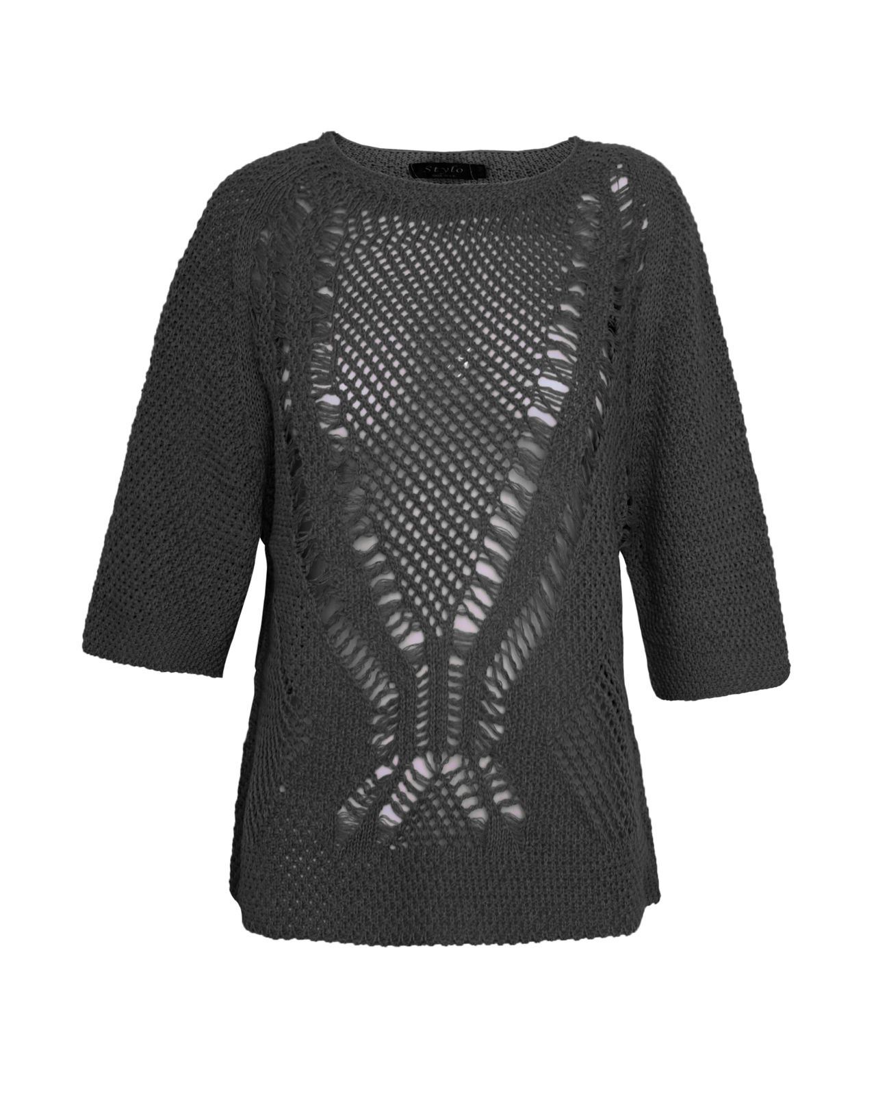 LADIES WOMEN CROCHET BATWING SHORT SLEEVE HOLEY KNIT FISHERMAN JUMPER TOP 8-14 - Picture 2 of 5