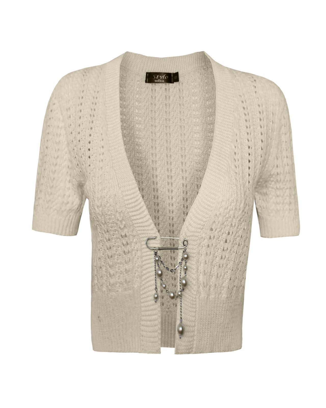 Ladies Womens knitted Short Sleeves Brooched CARDIGAN New Shrug Crop TOP 8-16 - Picture 18 of 22