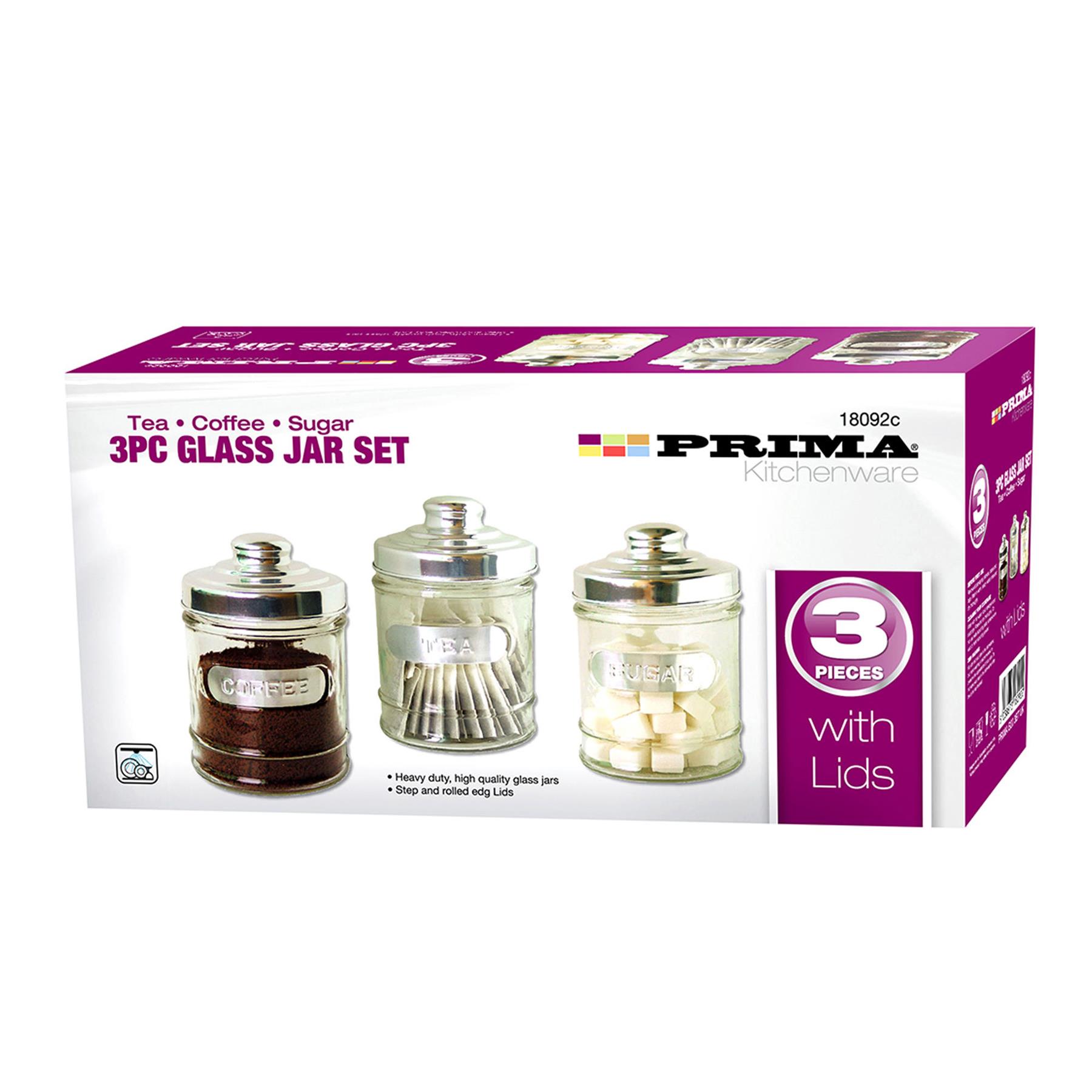 PRIMA 3PC HEAVY DUTY GLASS JAR SET COFFEE TEA SUGAR WITH ALUMINIUM LID STORAGE