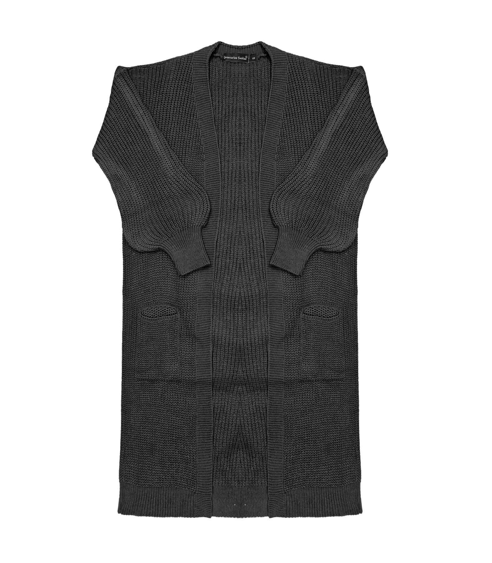 Ladies Women Knitted Balloon Sleeve Boyfriend Open Front Long Cardigan Dress Top - Picture 3 of 23