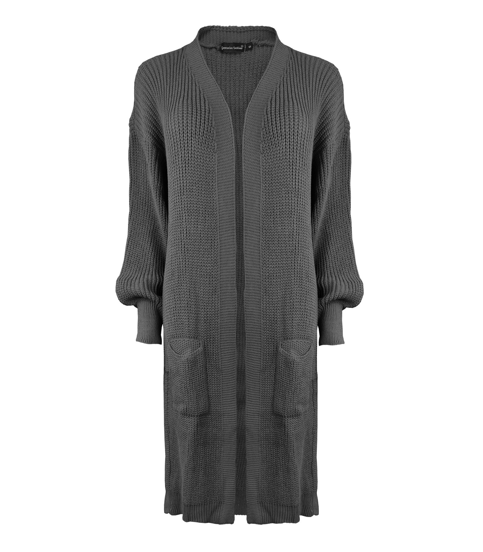 Ladies Women Knitted Balloon Sleeve Boyfriend Open Front Long Cardigan Dress Top - Picture 2 of 23