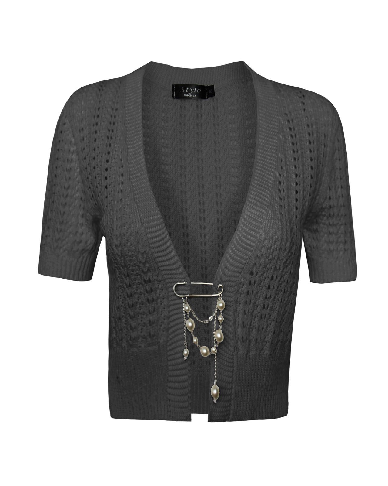 Ladies Womens knitted Short Sleeves Brooched CARDIGAN New Shrug Crop TOP 8-16 - Picture 2 of 22