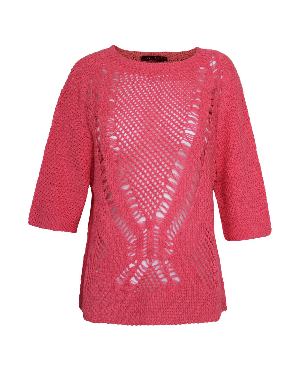 LADIES WOMEN CROCHET BATWING SHORT SLEEVE HOLEY KNIT FISHERMAN JUMPER TOP 8-14 - Picture 4 of 5