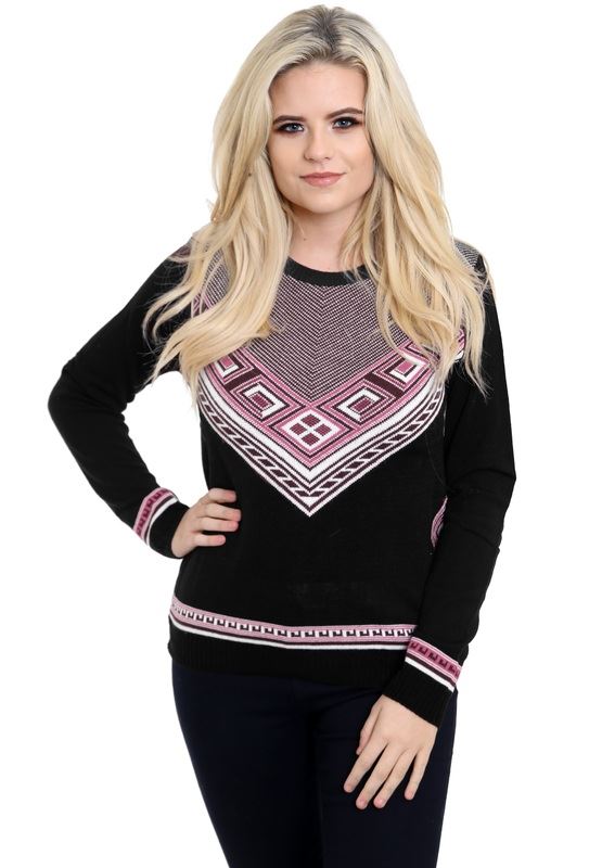 New Ladies Women Knitted Long Sleeve Crew Neck Fairisle Aztec Jumper Top Sweater - Picture 5 of 6